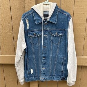 RSQ Blue Denim Jacket with Light Gray Hoodie Sleeves